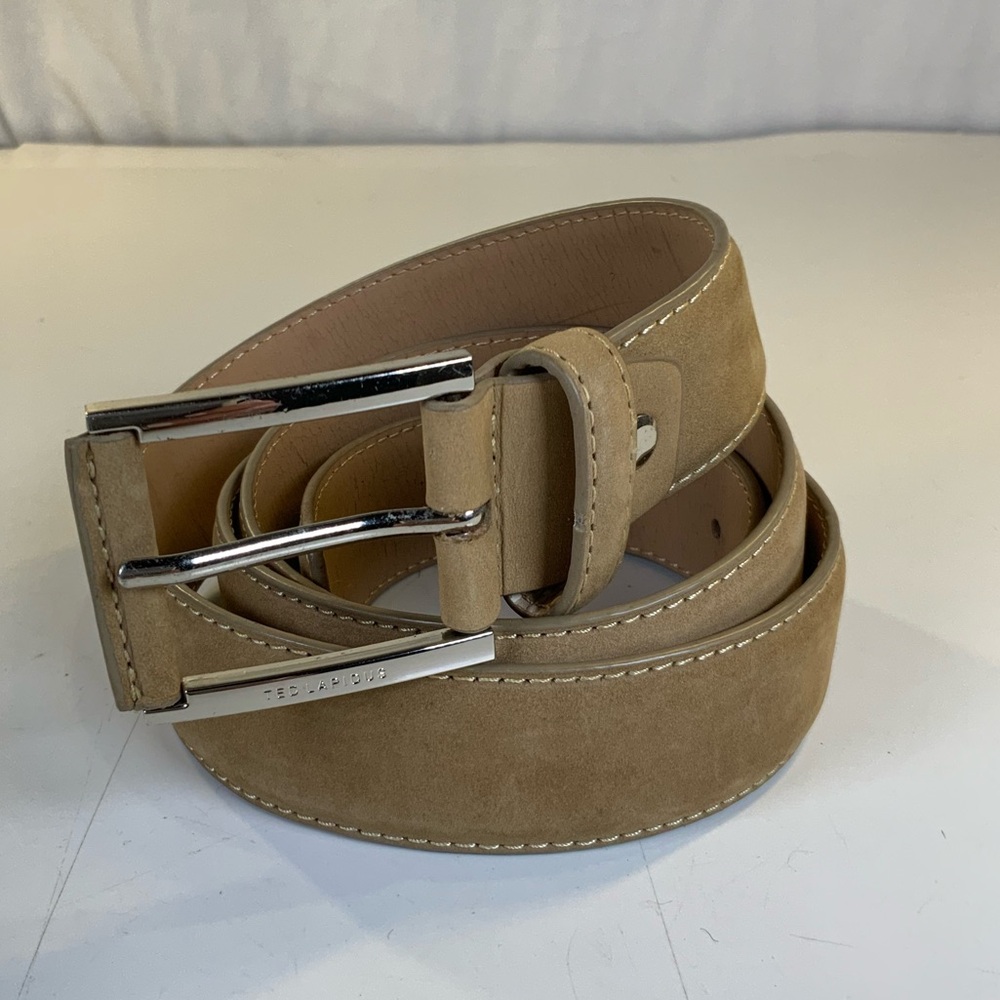 Ted Lapidas Beige Tan Suede Leather Belt, Silver Buckle. Mens, Women’s, Unisex